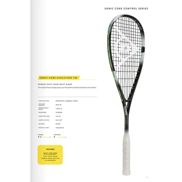 Raquette De Squash Dunlop Soniccore Evolution 130 – 130g, 680mm – Neuve Sous Ficelle